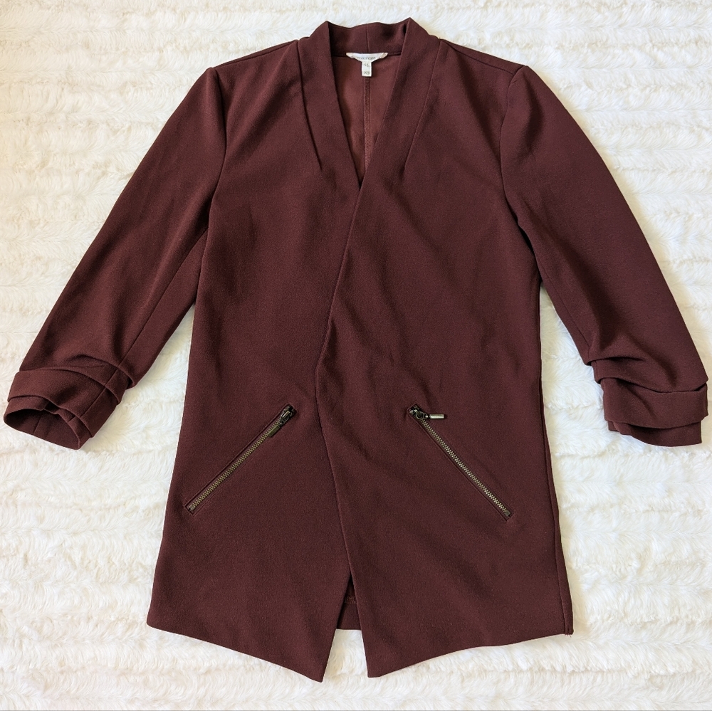 Maurices Burgundy Blazer Structured V-Neck Mid-Length